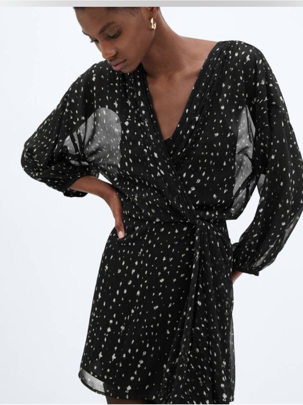 Mango Black Spot Print Sheer Sleeve Wrap Mini Dress Party Wedding Size 8